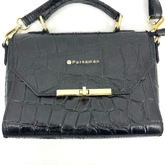 Persaman Black Leather Small Rectangle Crossbody Bag Flap - Picture 1 of 9